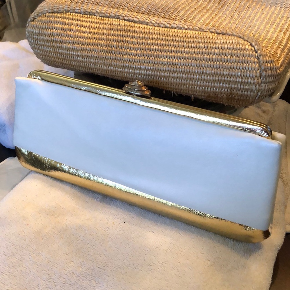 4.1 USA Vintage Leather & metallic, brass clasp long rectangle clutch